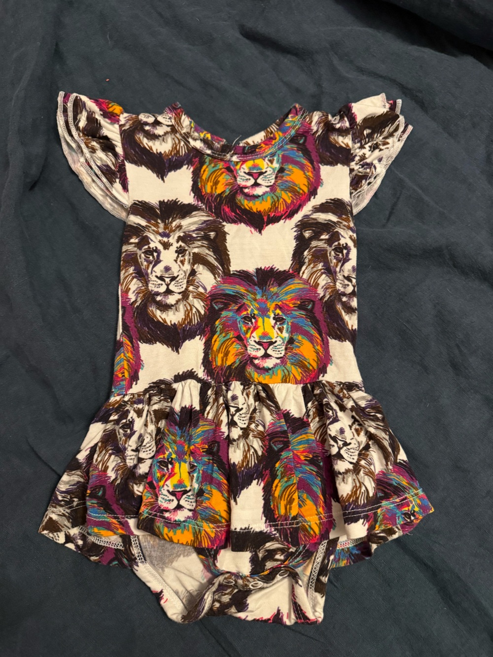 Cream Ruffle Dress with Colorful Lion Print for Girls